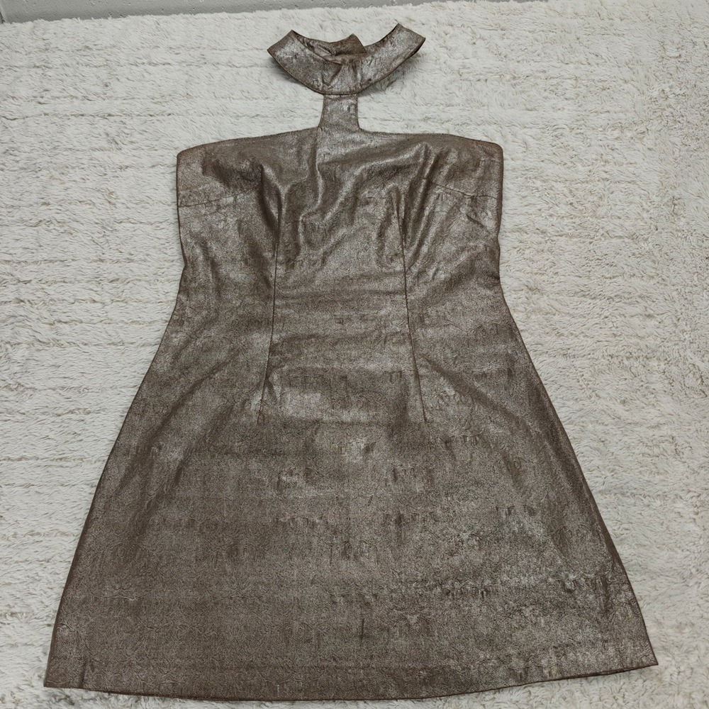 VTG Metallic Mini Dress Unyx Women L Damask Iconic Taupe Y2K Halter Collar Party